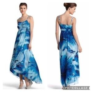 WHBM Maxi Dress Blue Print High Low Chiffon Sleeveless 4 Cocktail Party